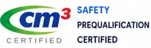 Logo with text indicating safety prequalification certified by CM3, with a green swoosh, blue and red lettering.