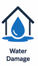 A house with a water droplet icon and a warning about water damage