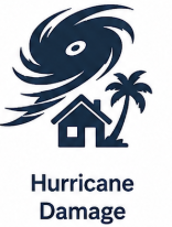 A stylized hurricane swirl with a house, palm tree, and the text 'Hurricane Damage'