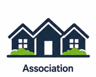 Three houses with green bushes in front, blue and white color scheme, and the word Association beneath.