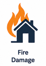 Icon of a house with flames above it, labeled 'Fire Damage'.