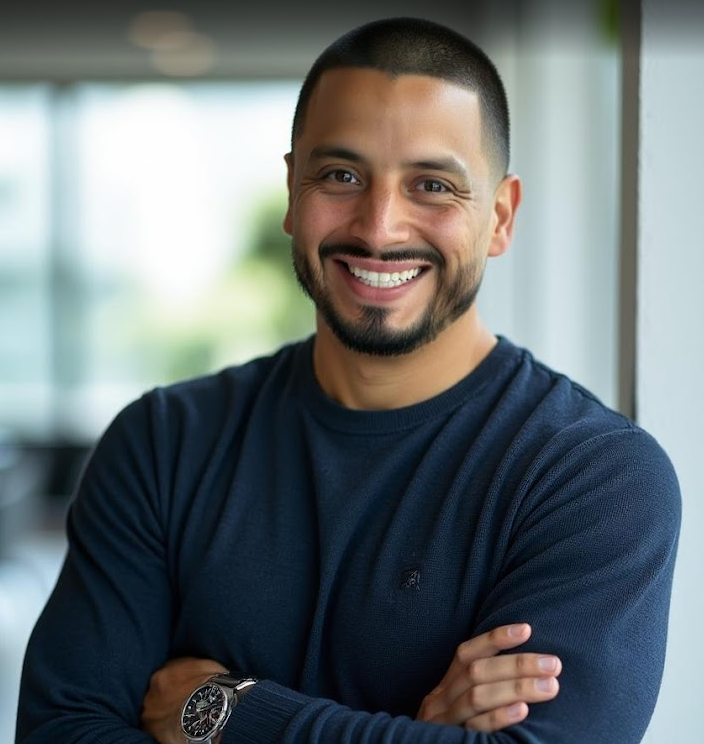 Smiling man with short dark hair, beard, wearing a dark blue shirt, standing indoors near a window.
