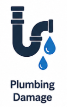 Illustration of a faucet with water dripping and the text 'Plumbing Damage'