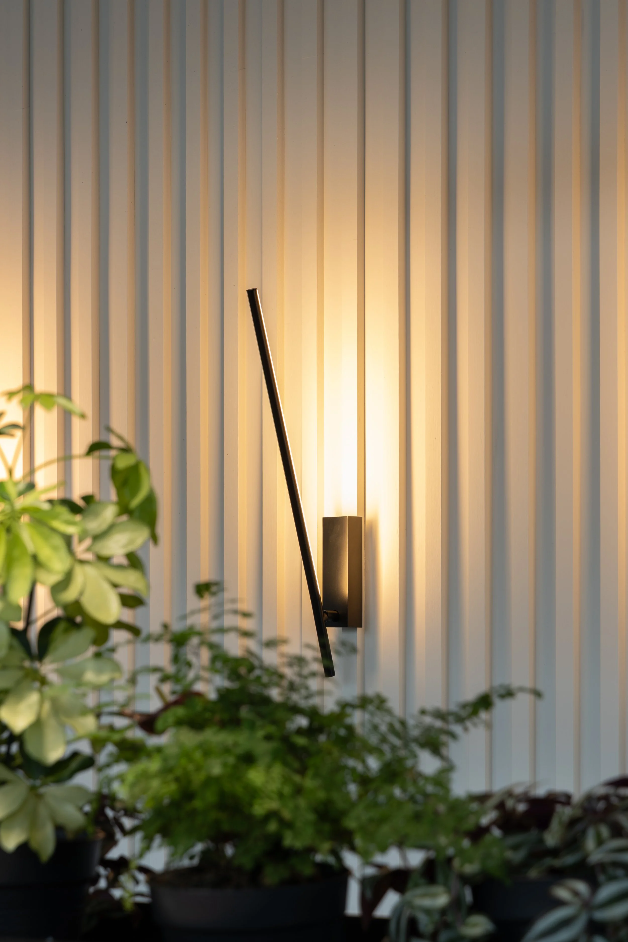 A modern wall-mounted lamp with a black arm and rectangular base, illuminating a white vertically paneled wall, surrounded by green leafy plants in black pots.