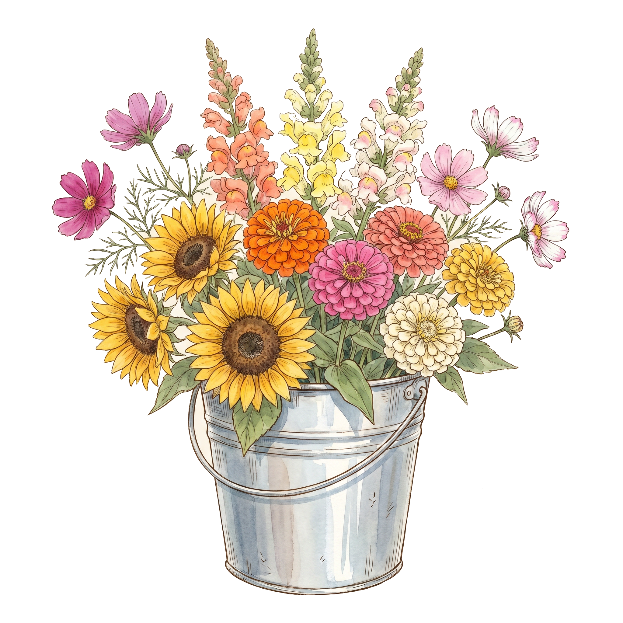 A watercolor illustration of a glass vase filled with various colorful flowers, including sunflowers, daisies, and snapdragons.