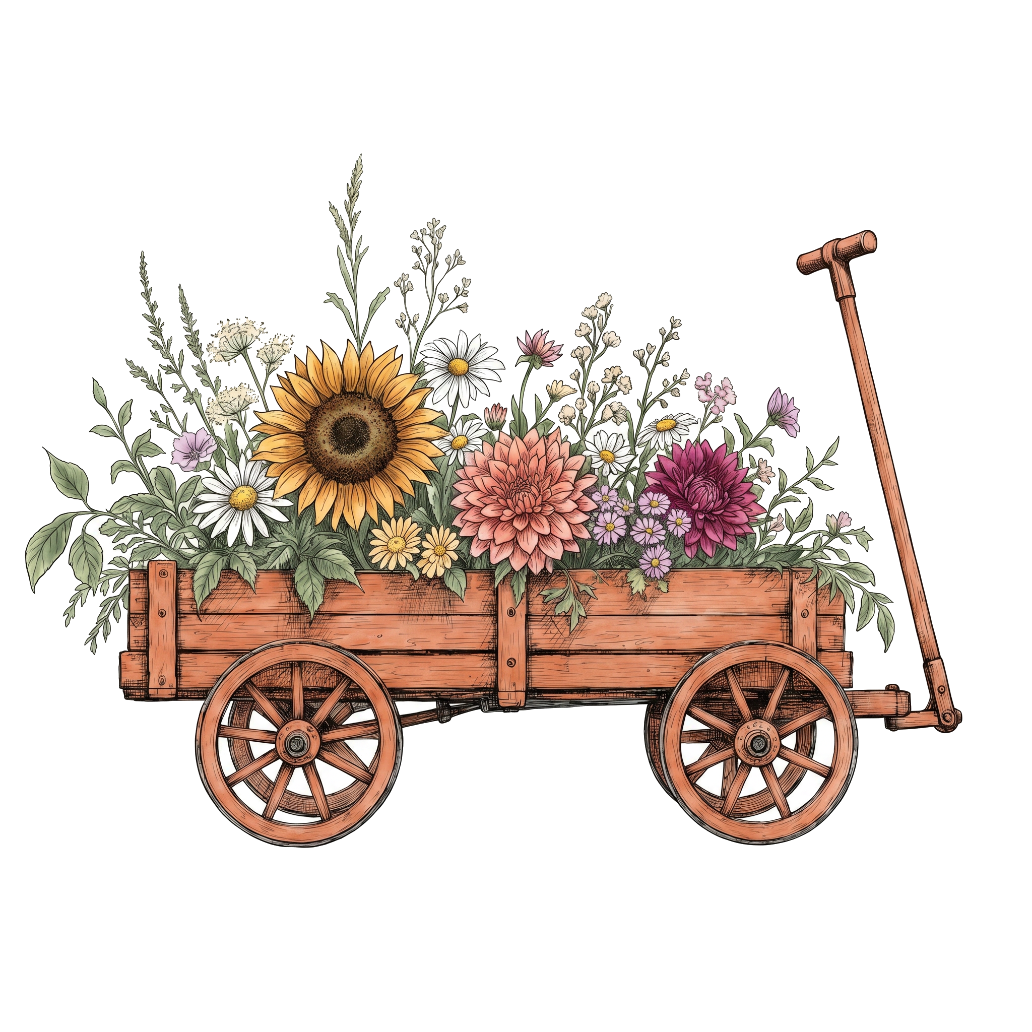 Illustration of a wooden cart filled with colorful flowers, including sunflowers, daisies, and dahlias, with a handle on the right side.