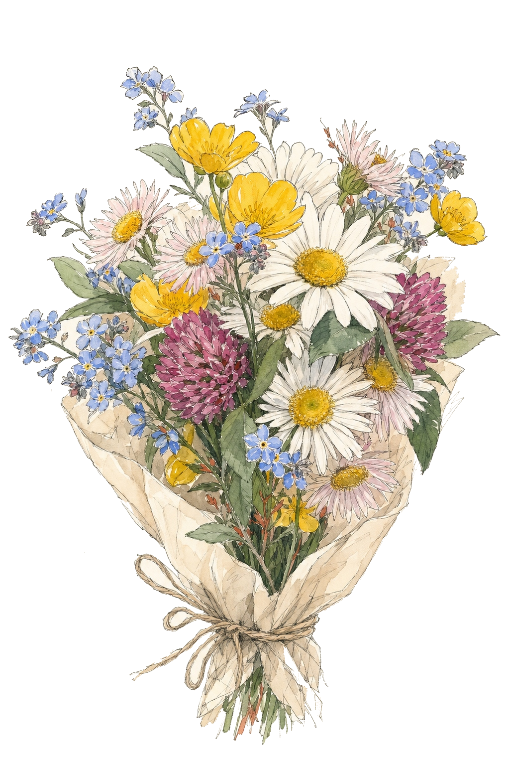 A watercolor illustration of a bouquet of mixed flowers wrapped in brown paper and tied with a string.