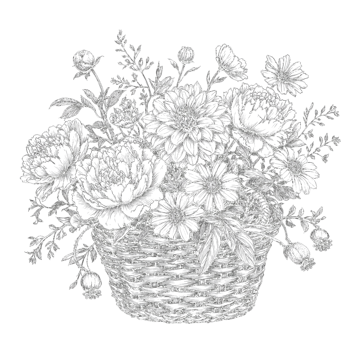 Black and white drawing of a basket filled with various flowers and leaves.