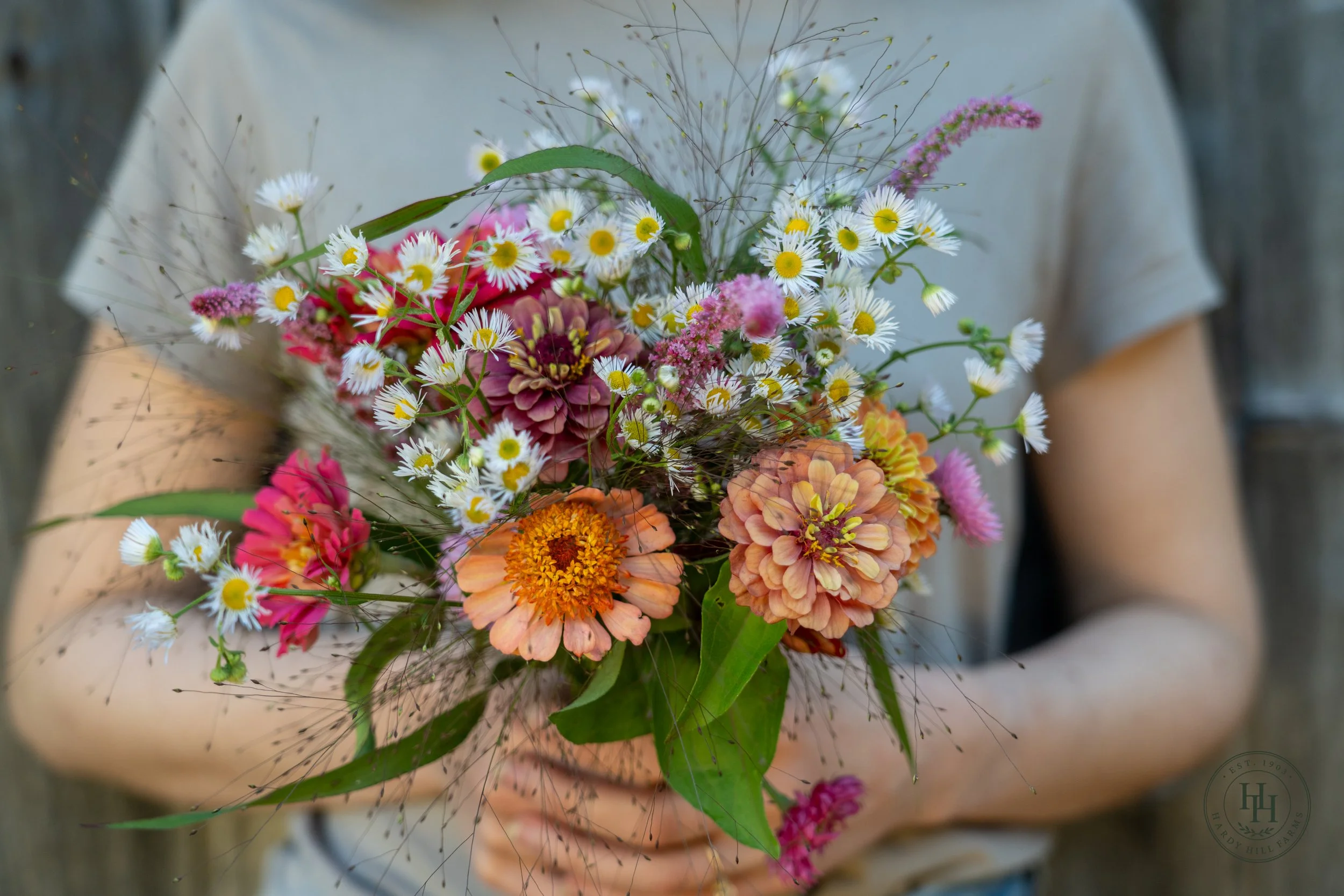 A person holding a bouquet of mixed flowers including daisies, marigolds, and pink flowers, wrapped in beige paper.