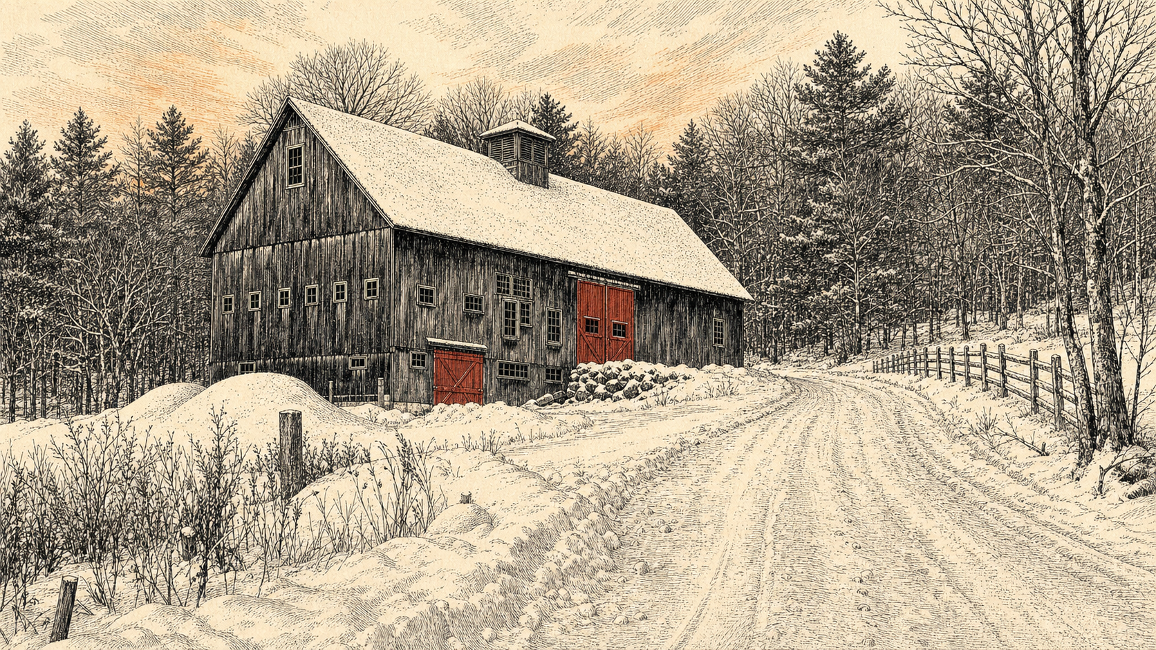 A black wooden barn with red double doors and small windows, surrounded by snow-covered trees and ground, with a snow-covered dirt driveway and a wooden fence on the right side, under an orange-tinted sky.