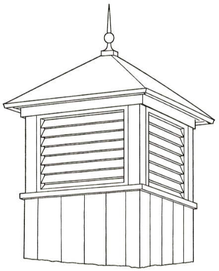 Outline of a hanging birdhouse with a sloped roof and louvered sides against a black background.