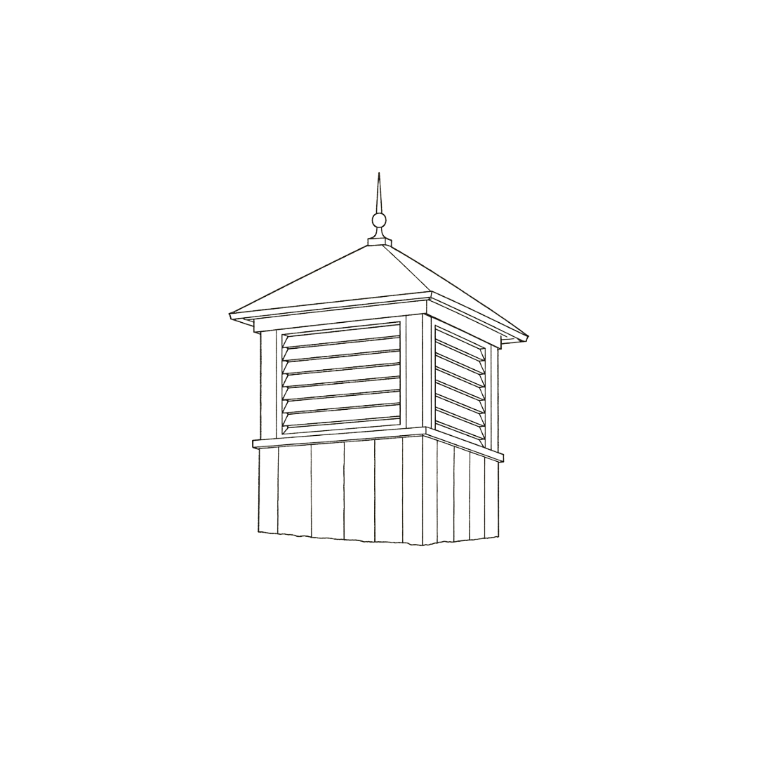 Line drawing of a small, square-shaped wooden outdoor vent or louvered exhaust fan with a pointed roof and finial on top.