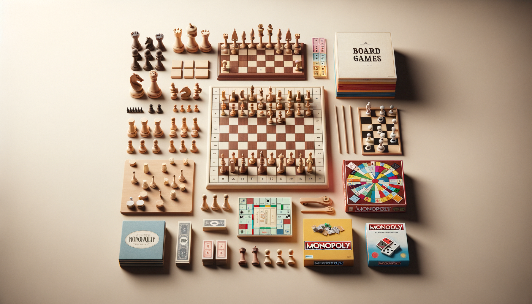 Flat lay of various board games including chess, checkers, Monopoly, and card games, with game pieces, boards, and boxes arranged on a white surface.