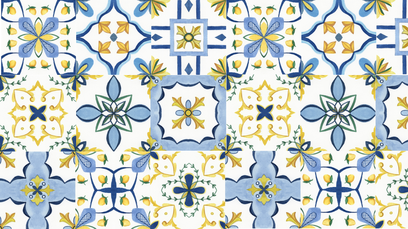 A decorative mosaic tile pattern with geometric and floral designs in blue, yellow, green, and white, arranged in a repeating grid.