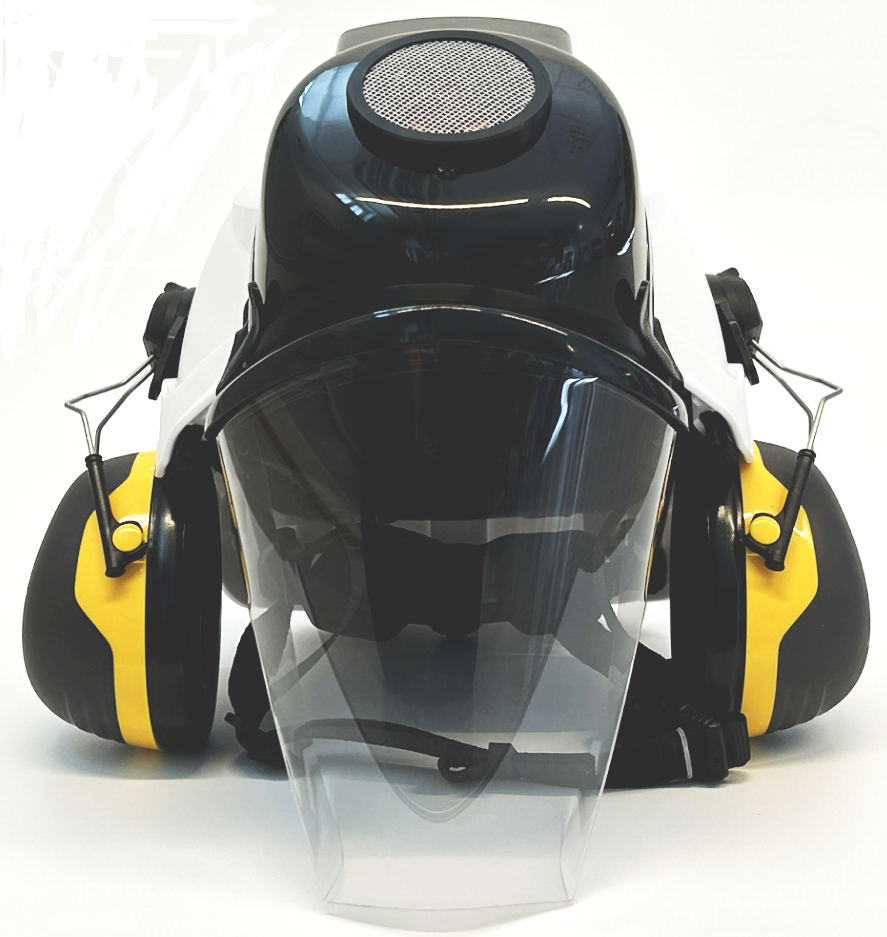 Motorcycle helmet with yellow and black ear protection attached, with a clear visor and a built-in speaker at the top.