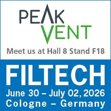 Advertisement for PEAKVENT at FILTECH, June 30 to July 2, 2026, in Cologne, Germany, with contact details for Hall 8, Stand F18.