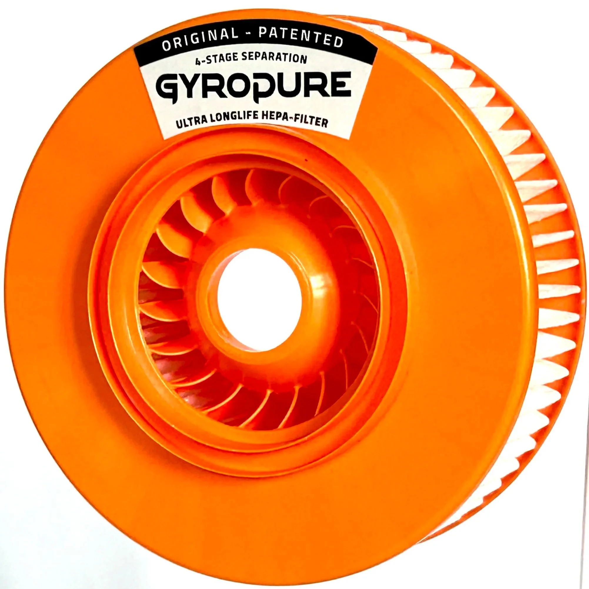 Close-up of an orange gyroper roller with white and black labels indicating "original patented" and "6-stage separation".