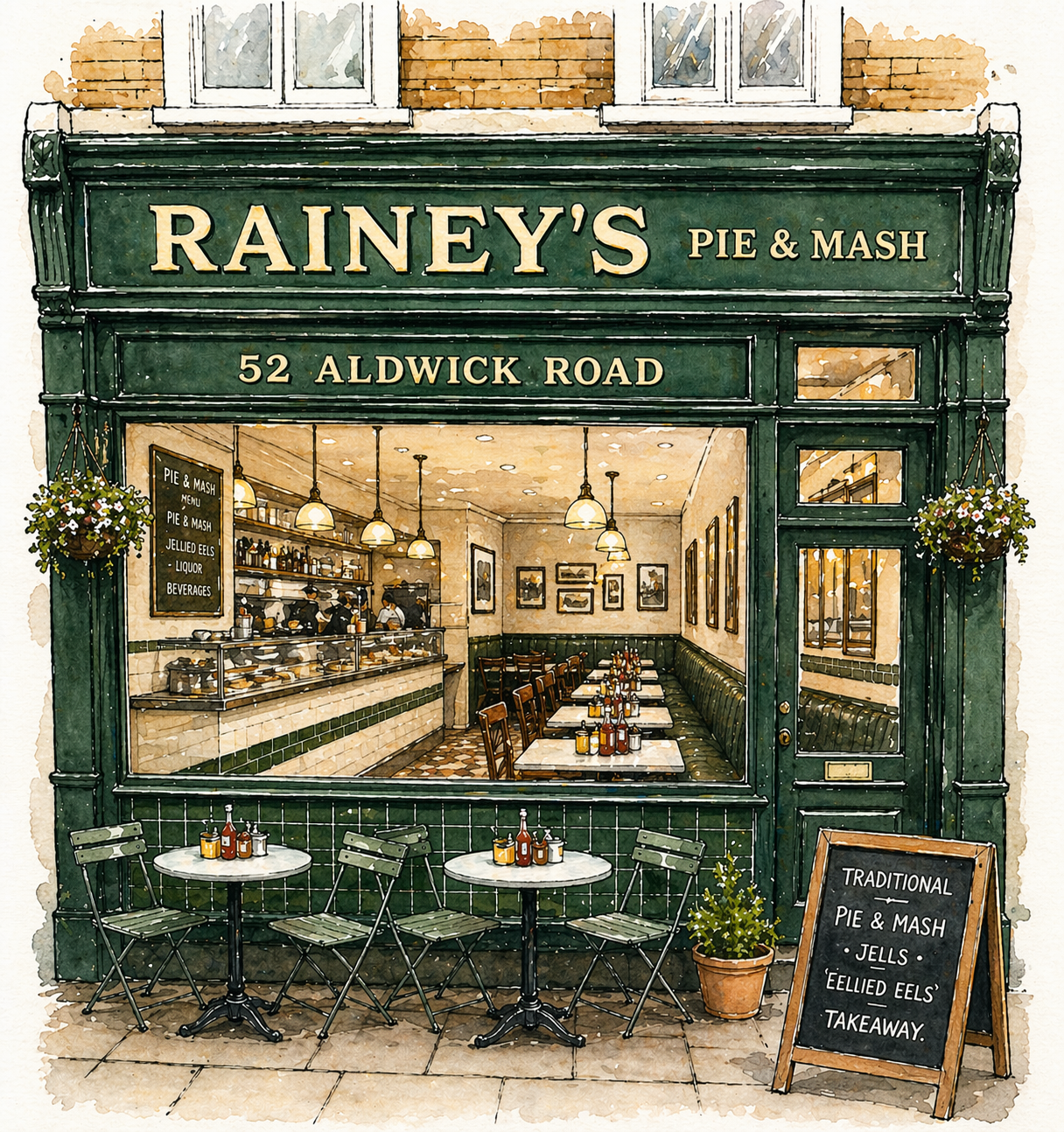 A watercolor illustration of Rainey's Pie & Mash shop with a green storefront, outdoor seating with three tables and four chairs, and a chalkboard sign advertising traditional pie & mash, jellies, and takeaway. Inside, the shop has a counter with baked pies, hanging lights, and framed pictures on the wall.