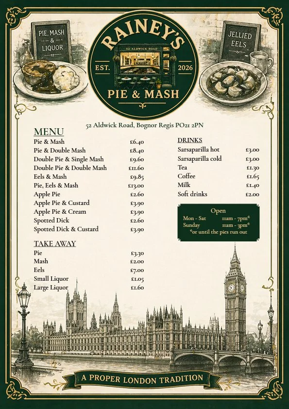 Menu of Raeiney's Pie & Mash restaurant with London landmarks at the bottom, listing various pie and mash options, drinks, and take-away items, located at 52 Aldwick Road, Bognor Regis.