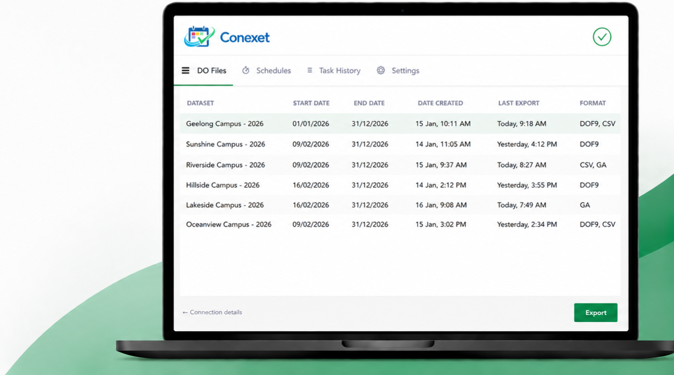 A laptop displaying the Conexet DO Export application, featuring automated daily organiser exports, export scheduling, task history tracking, and support for DOF9, CSV, and General Access formats.