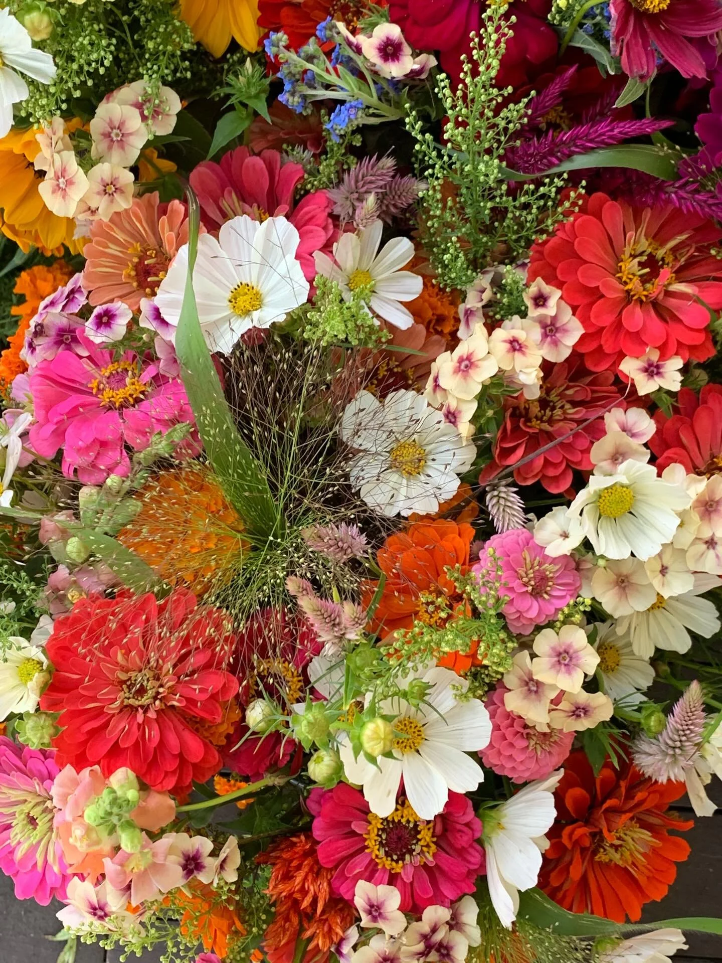A vibrant collection of various colorful fresh flowers including pink, white, red, orange, yellow, and purple blooms.