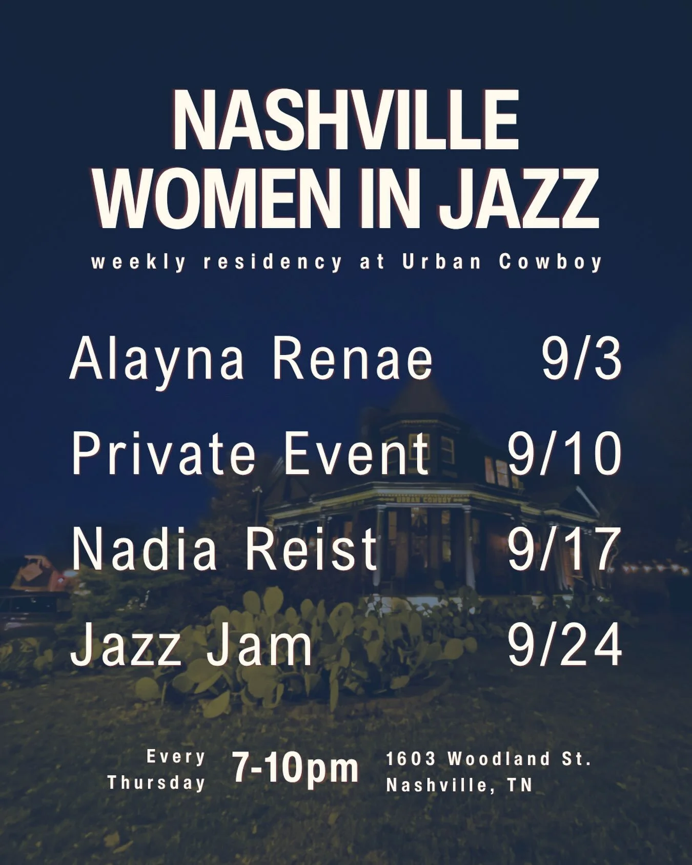 Thursday nights you can find us at @urbancowboy_nashville 
Each week features a different artist and vibe
Never a cover charge and always free parking

@nadialakambini makes her NWIJ residency debut this month! Make a plan and come enjoy some music w