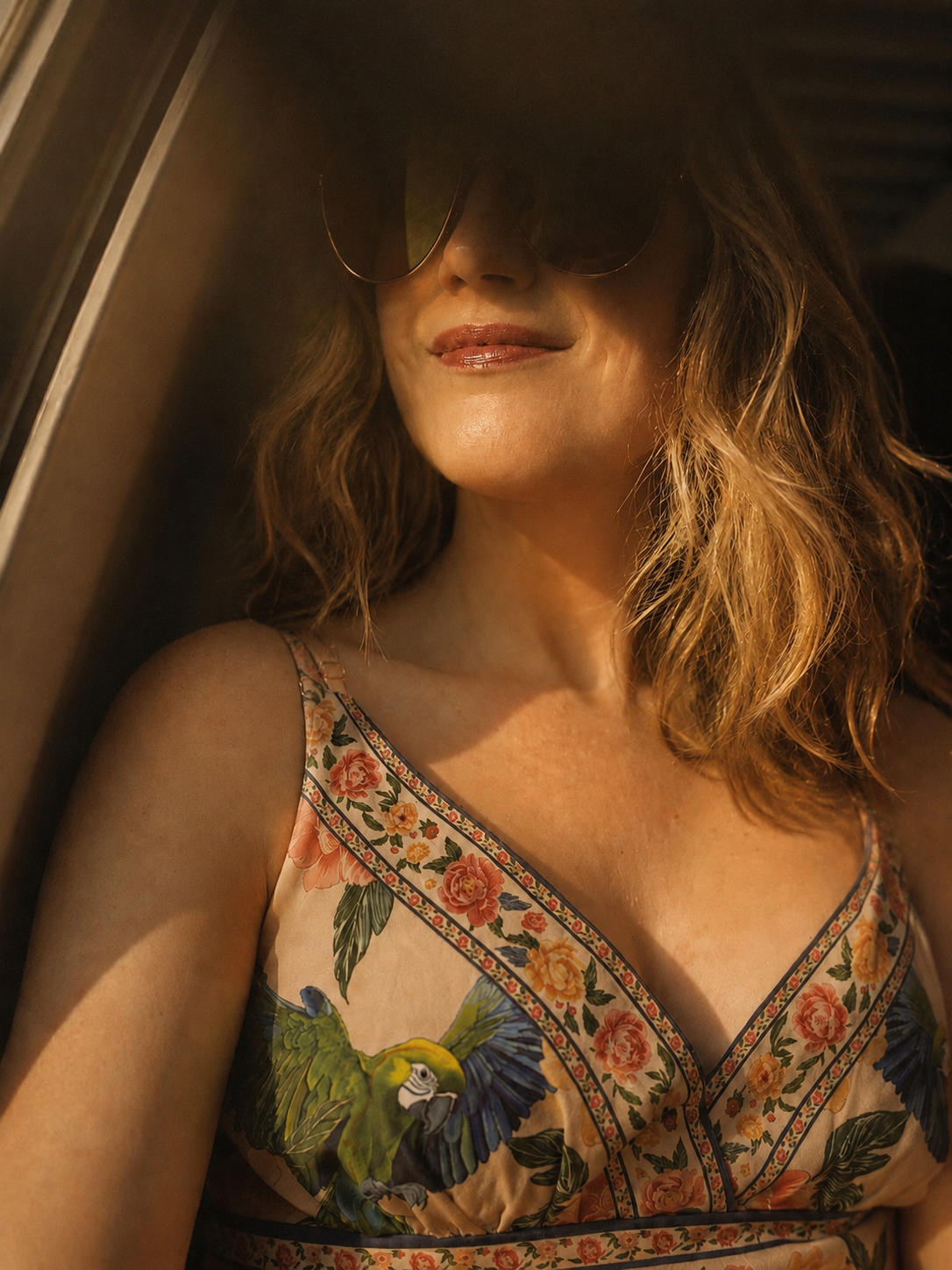 A woman wearing sunglasses and a floral dress with parrots, smiling.