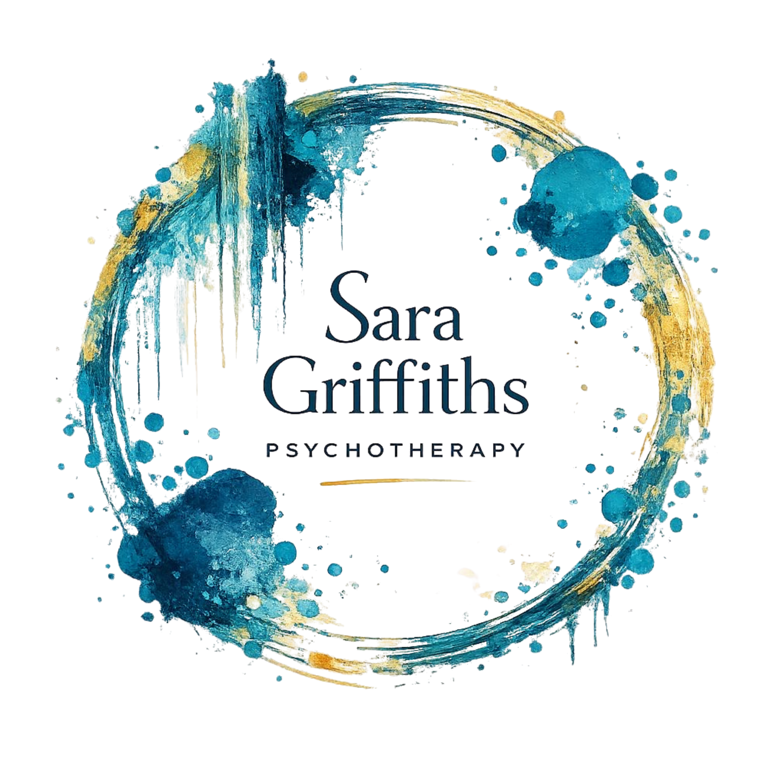 Watercolor painting of a rainbow with blue, yellow, and gold splashes, with the words 'Sara Griffiths Psychotherapy' beneath.