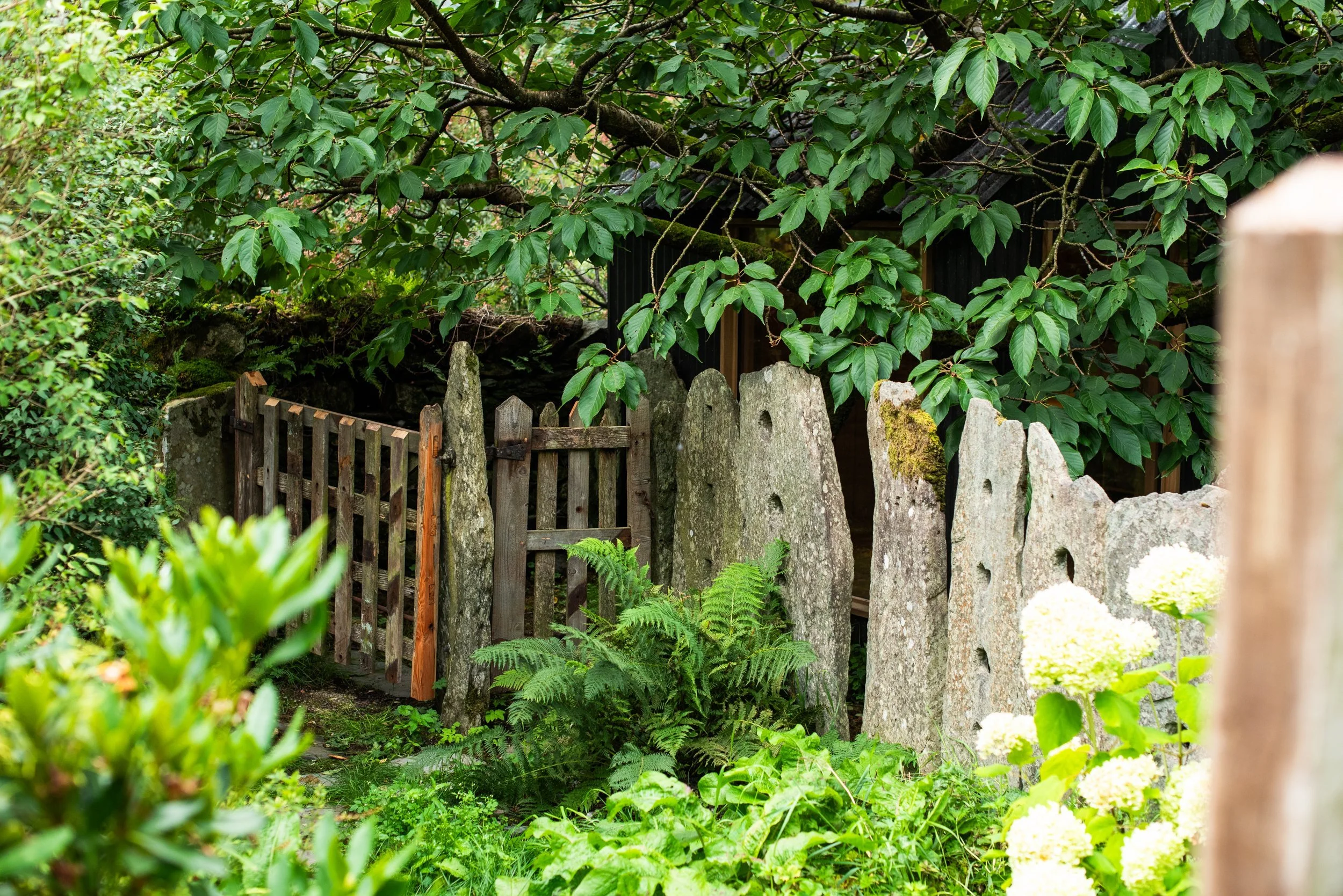 The Fig Bespoke Makers studio, a timber-lined building set among trees behind a slate fence and wooden gate