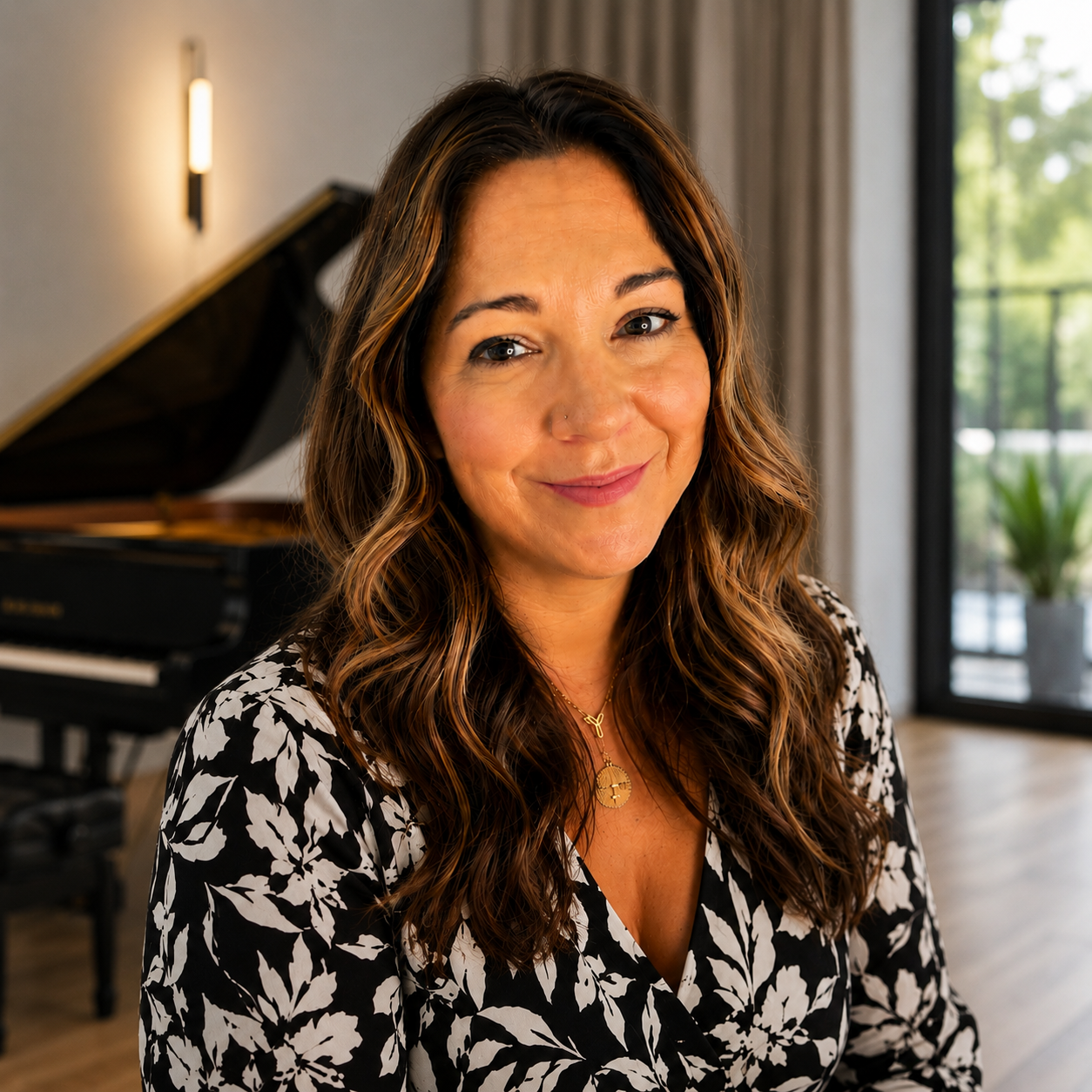 A woman with long wavy brown hair, smiling, wearing a black and white floral patterned top and gold jewelry, sitting in a room with a grand piano in the background, large windows showing green trees outside.