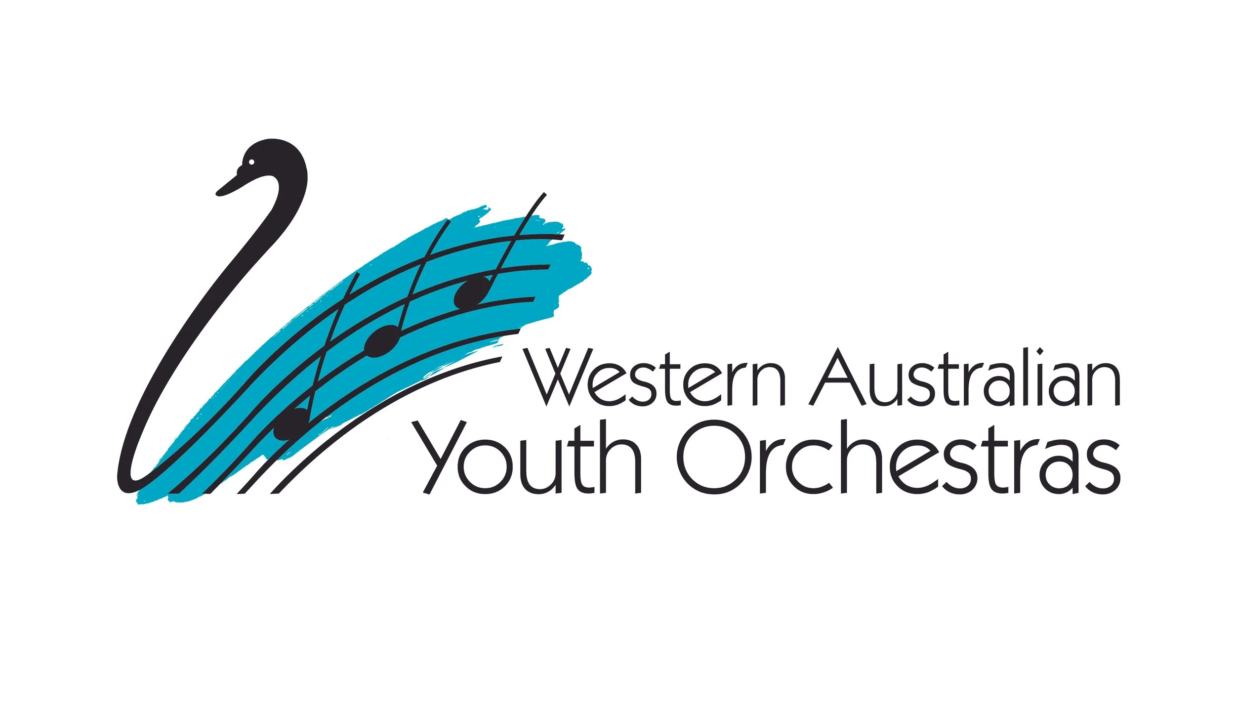 Logo of the Western Australian Youth Orchestras featuring a black swan head with a musical staff and notes.