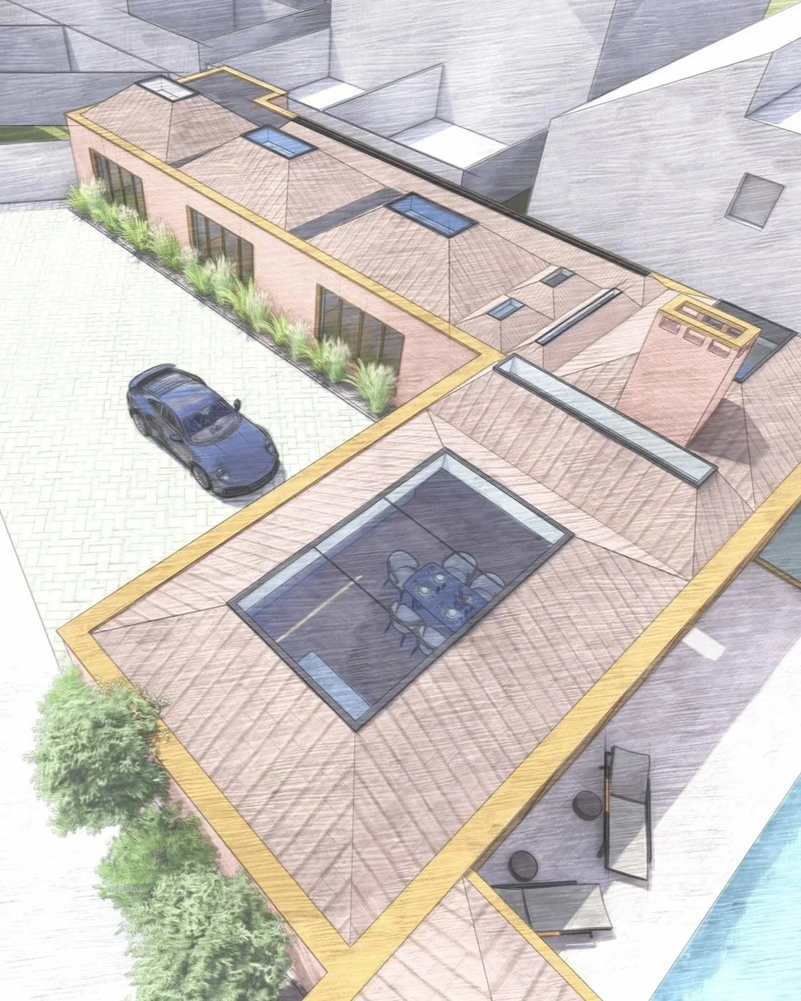 A rooftop view of a building with several skylights, a glass-enclosed dining area with chairs and a table, and a parking lot with a black car. There's also some greenery and trees visible.