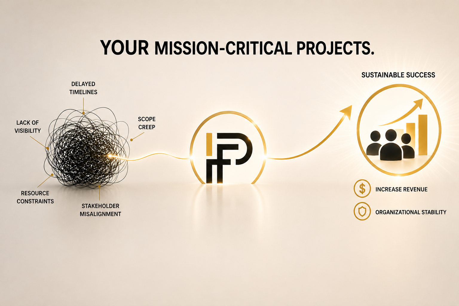 Diagram illustrating transforming complex project challenges like lack of visibility, resource constraints, delayed timelines, scope creep, and stakeholder misalignment into sustainable success with increased revenue and organizational stability.