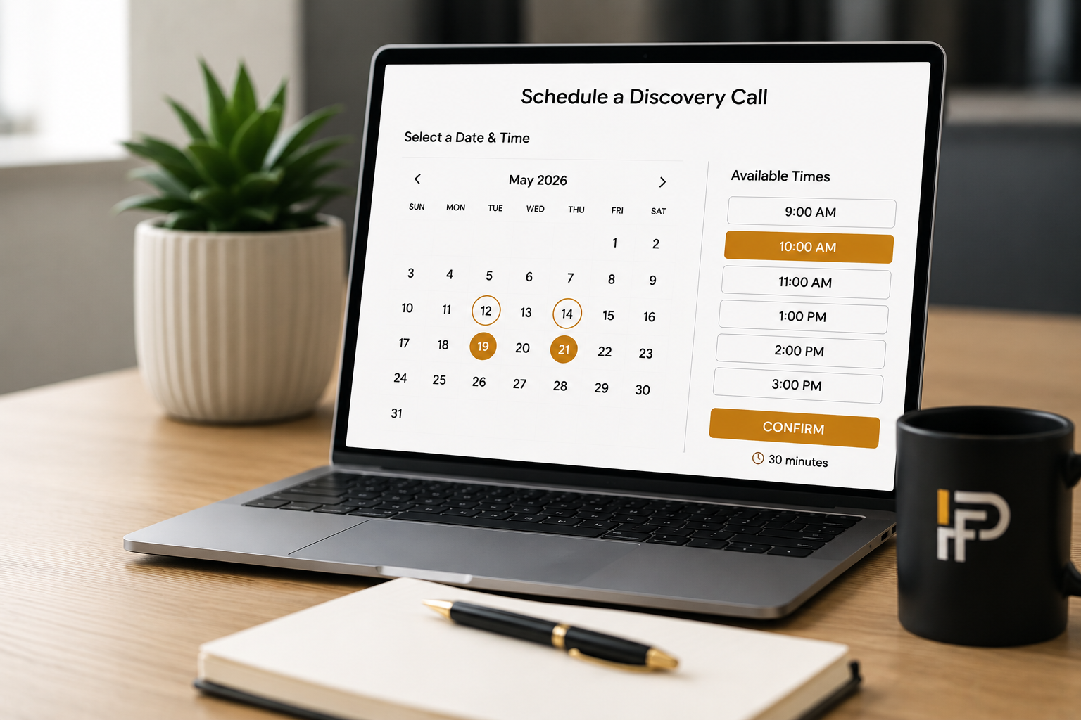 Laptop on a desk displaying scheduling for a discovery call with selected date and time. Black coffee mug, white notebook, and pen nearby, with a potted plant in the background.