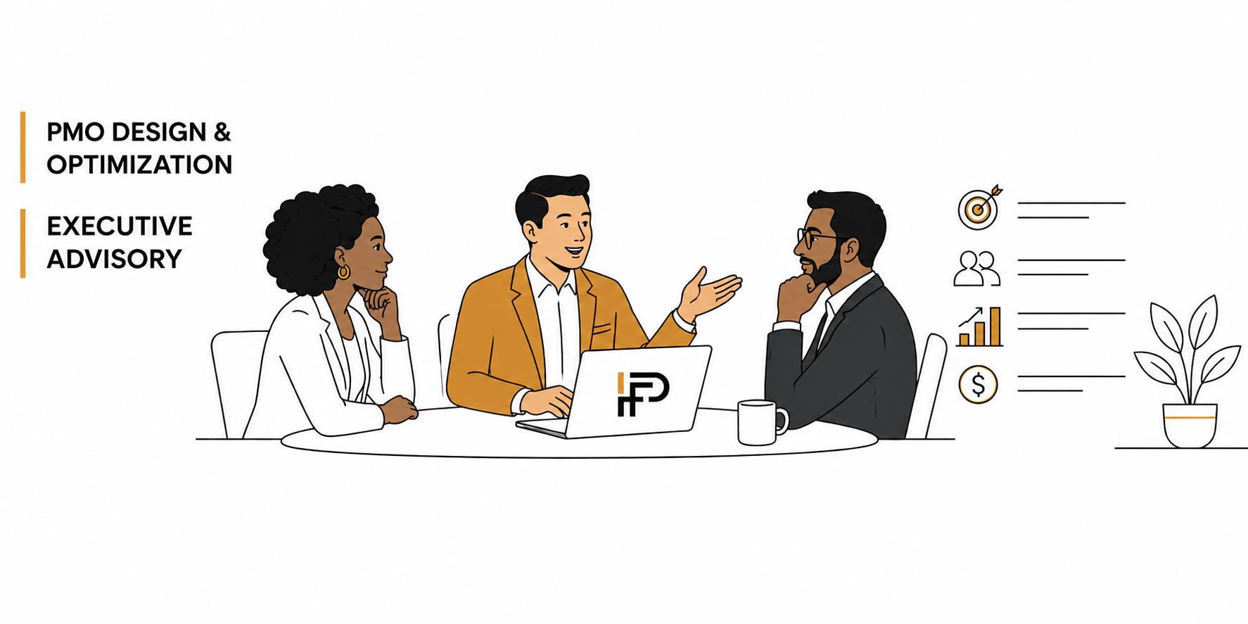Illustration of three diverse professionals having a business discussion at a table, with icons representing goals, team, growth, and finances on the right.