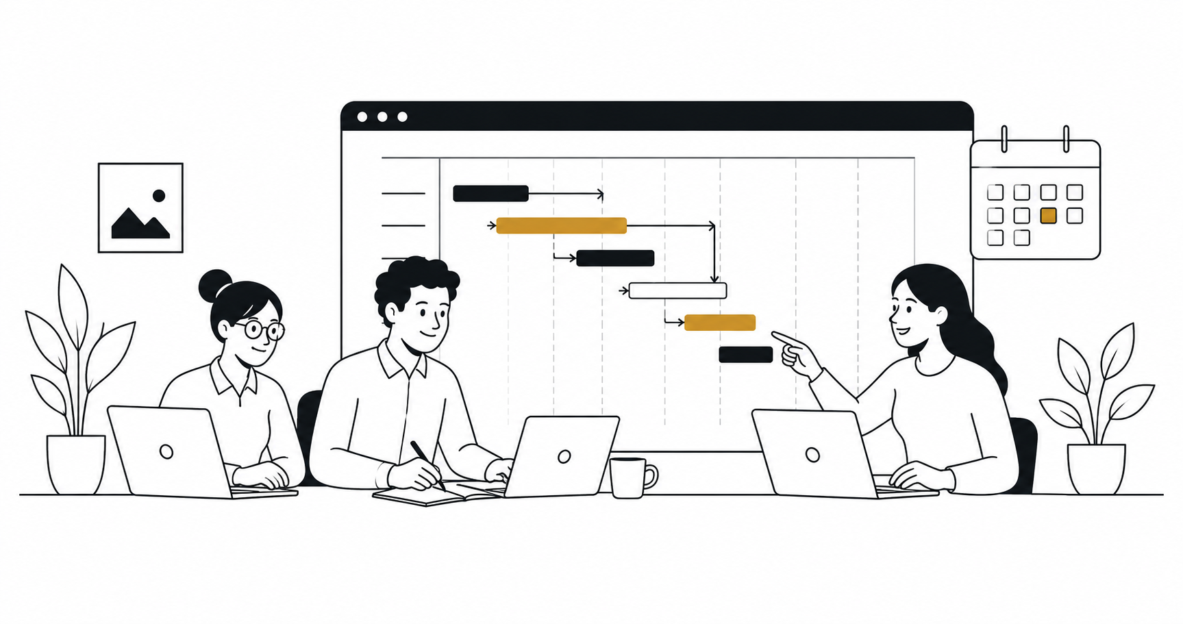Illustration of three people working together in an office, with one woman pointing at a large digital project plan on a screen, and the other two people working on laptops.