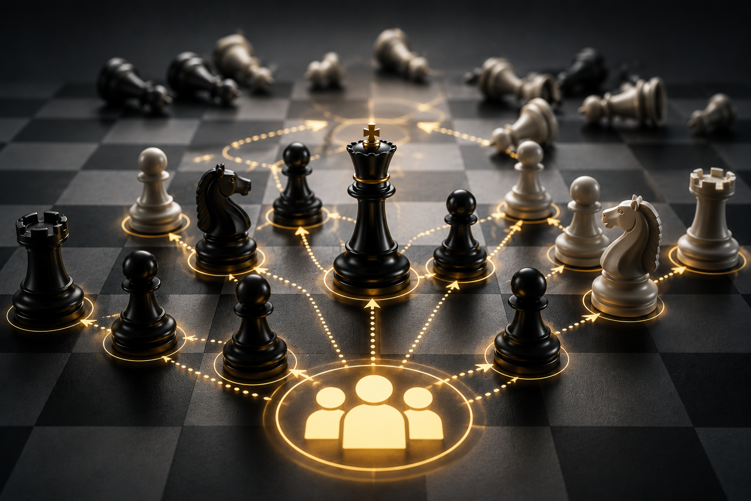 A digital illustration of a chessboard with black and white pieces. The black king is centered, surrounded by connecting glowing arrows to other pieces and a glowing icon of three people at the bottom, representing teamwork or strategy.