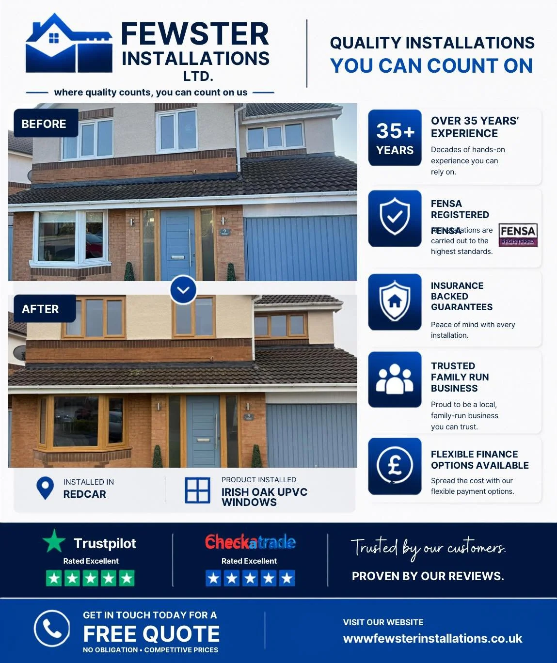 🚨 LIMITED SUMMER INSTALLATION SLOTS REMAINING 🚨

What a difference! ✨

This property has been completely transformed, upgrading from standard white uPVC to a stunning Irish Oak finish. The warmer woodgrain effect adds instant character, style, and 