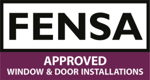 FENSA approved window and door installations logo with black, purple, and white design.