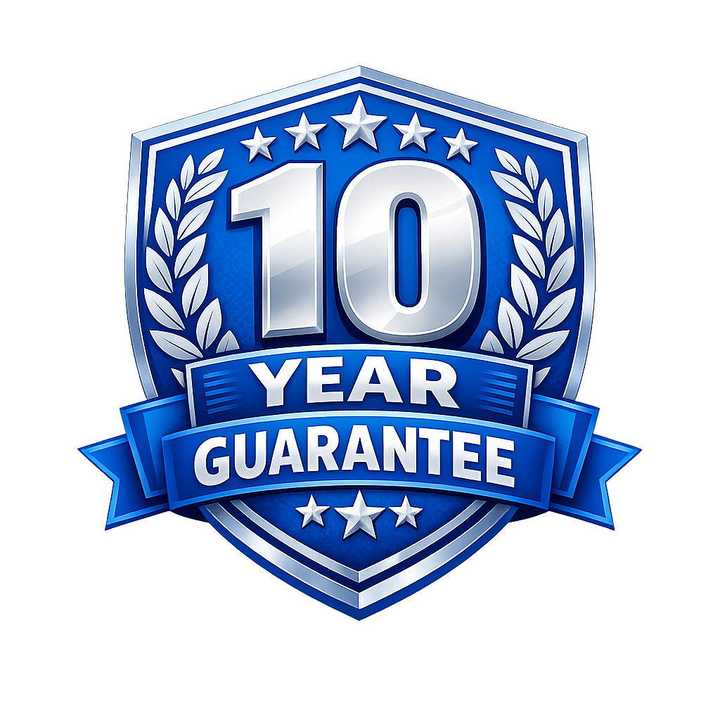 A blue shield-shaped badge with white text that reads '10 Year Guarantee,' surrounded by laurel leaves and stars.