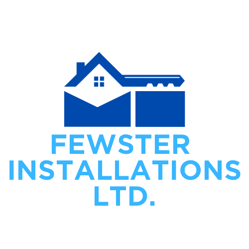 Logo for Fewster Installations Ltd., featuring a house with a gabled roof and the company name in bold blue text.
