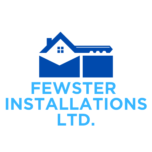 Logo for Fewster Installations Ltd. featuring a stylized house with a blue roof and dormer window.