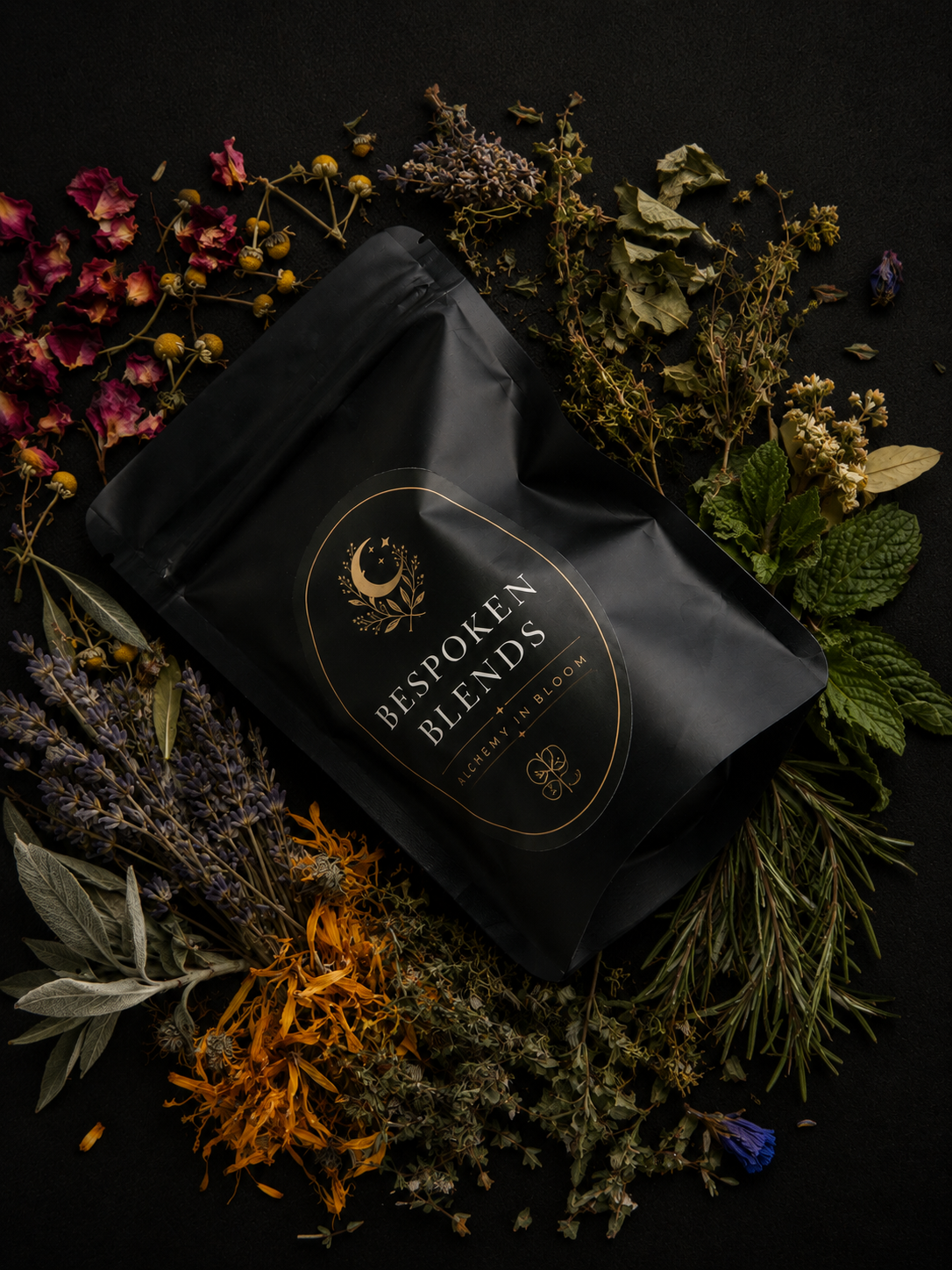 A black package labeled 'Bespoken Blends' surrounded by various dried herbs and flowers on a dark background.
