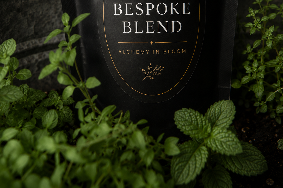 A black package labeled "Bespoke Blend" with the slogan "Alchemy in Bloom" surrounded by green herb plants.