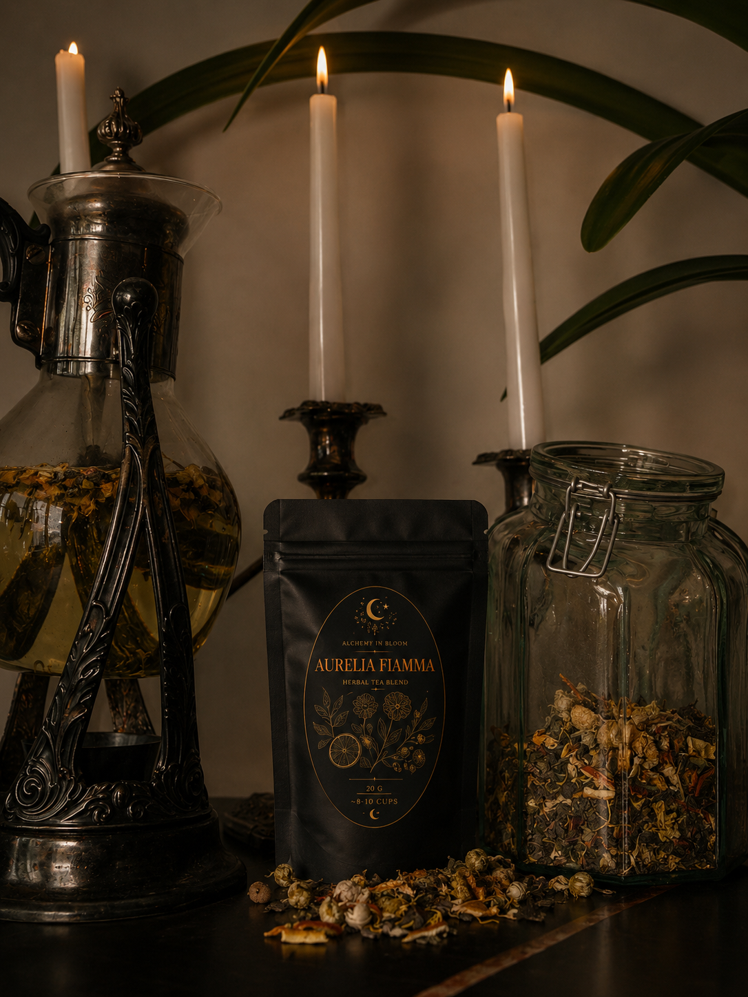 A dark-toned still life with a sealed bag of herbal tea, a large glass jar filled with dried herbs, a vintage silver tea kettle, and three lit white candles on black candle holders, with some dried herbs scattered on the surface.
