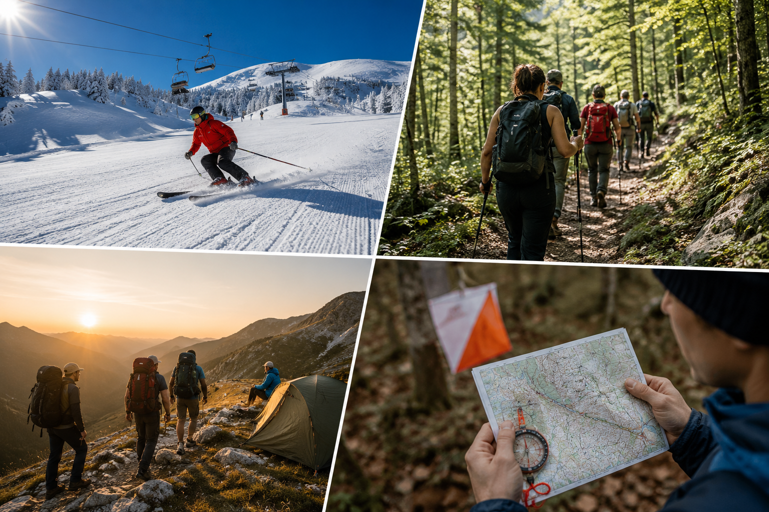 Collage of outdoor and winter sports activities, including skiing on snow-covered slopes, hiking through a forest with backpacks, group camping at sunrise in mountainous terrain, and a person holding a map and compass for navigation in the woods.