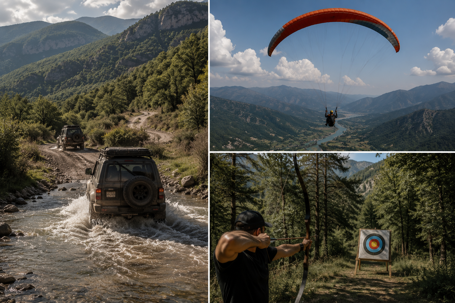 Top left: Three off-road vehicles crossing a shallow mountain stream on a rugged dirt trail surrounded by green trees and hills. Top right: Person paragliding over a mountainous landscape with a river flowing through the valley below. Bottom right: Person aiming a bow and arrow at a target in a forest clearing with tall trees and mountain background.