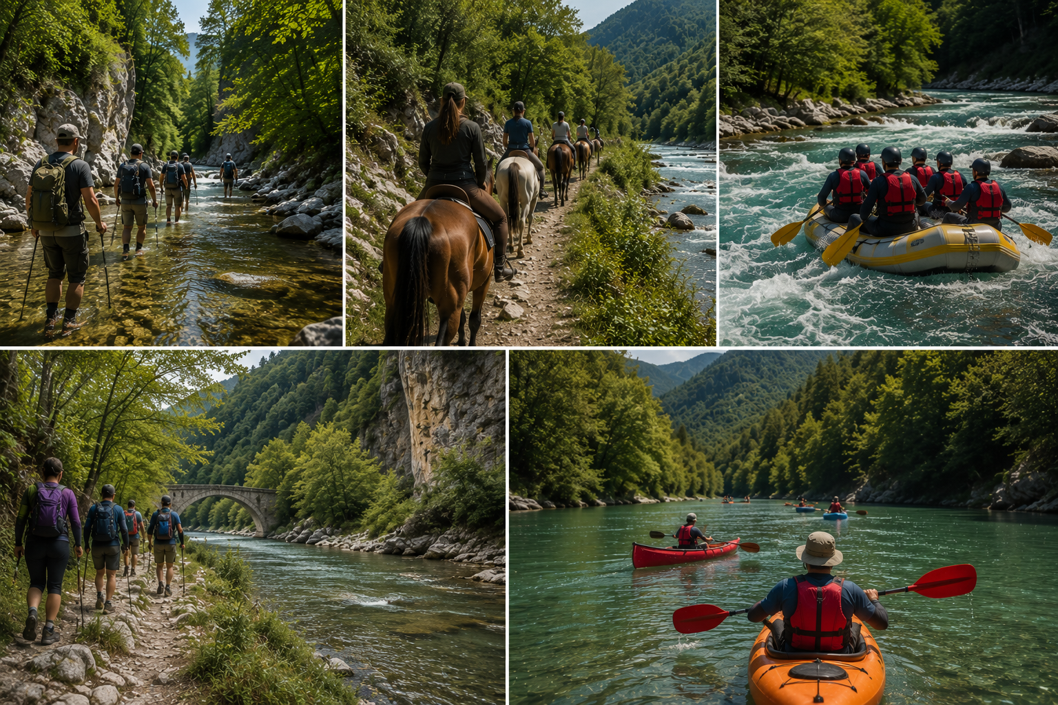 Group of people hiking along a river in a forested mountainous area, some on foot, others on horseback, and some kayaking on the river.