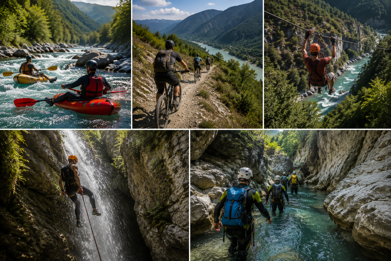 Collage of outdoor adventure activities in a mountainous landscape with a river, including kayaking, mountain biking, zip-lining, waterfall rappelling, and canyoning.