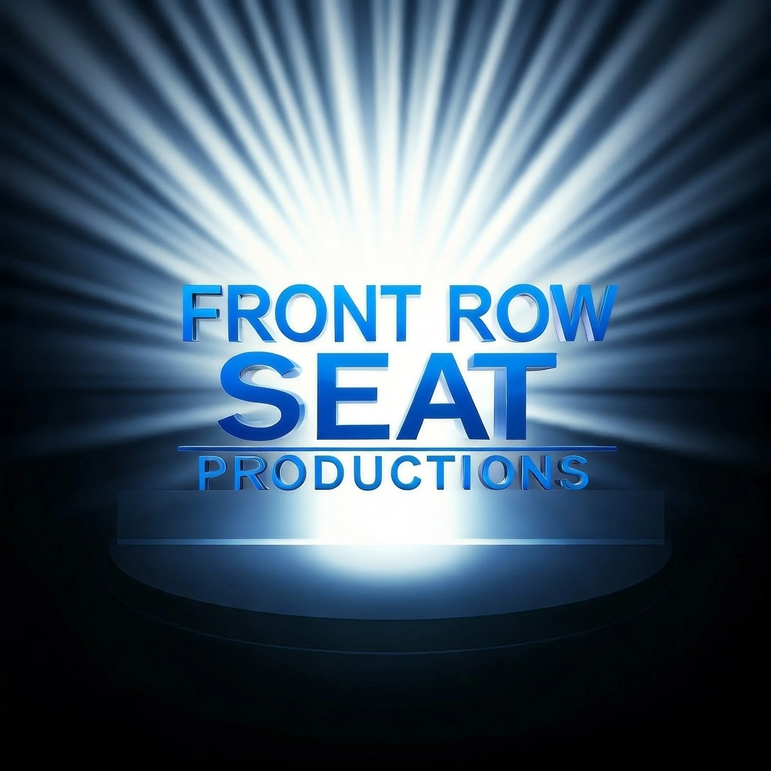 A bright, radiant blue and white sign with the words 'FRONT ROW SEAT' below the logo for a television production or broadcasting company.